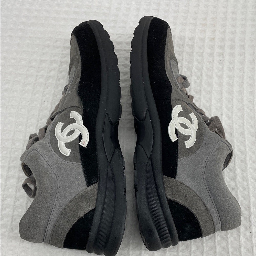 Authentic CHANEL Gray and Black Suede Sneakers with White CC Logo
